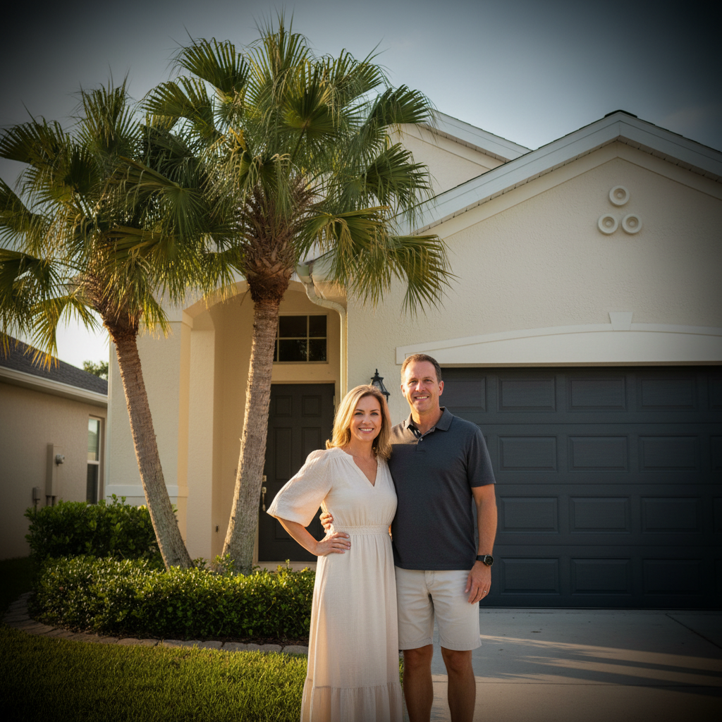 Happy Florida homeowners in front of their home with new garage door